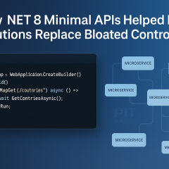 .NET 8 Minimal API code snippet beside a microservices diagram for PIT Solutions case study