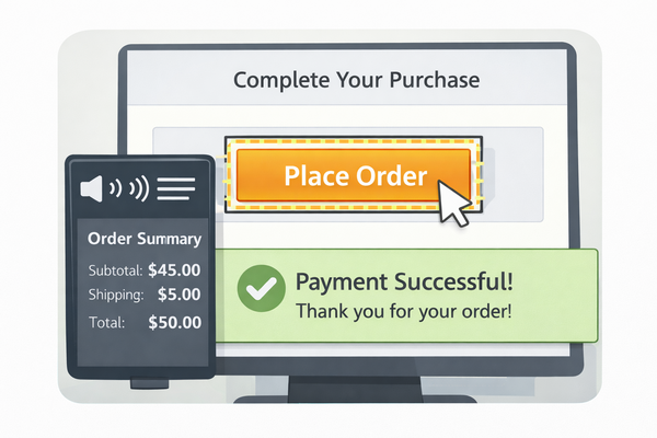 Checkout page with visible keyboard focus on the Place Order button and a screen reader announcing payment confirmation.