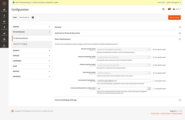 EU withdrawal email notifications configuration in Magento 2