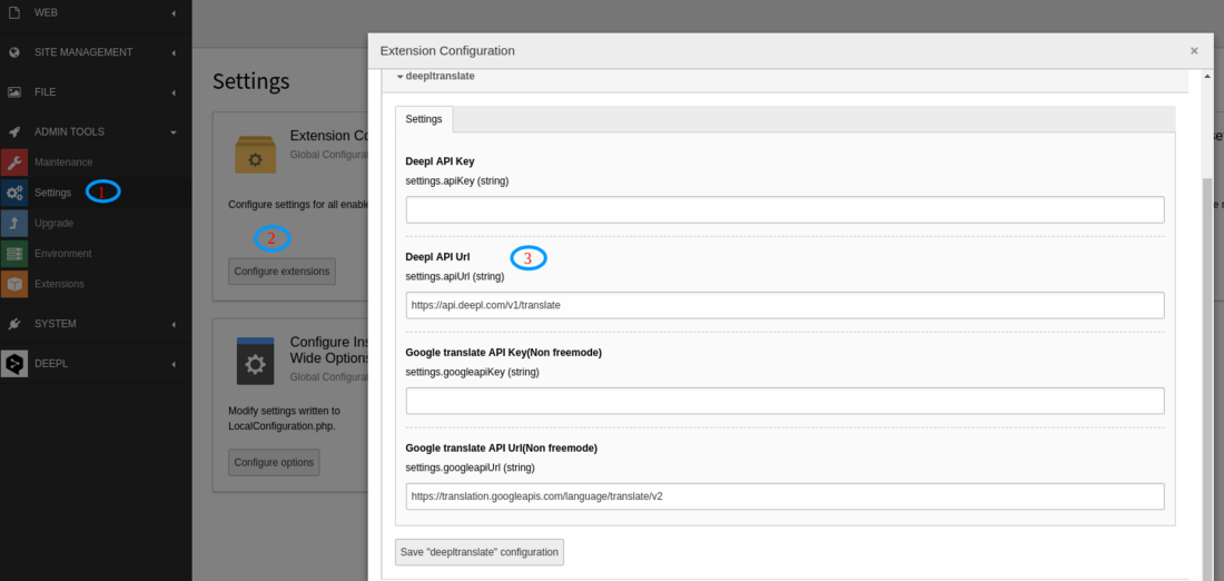 extension configuration