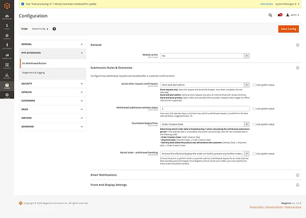EU withdrawal button configuration in Magento 2