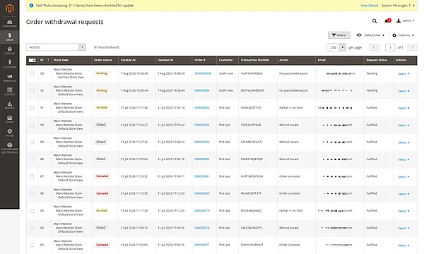 Magento 2 withdrawal request admin grid