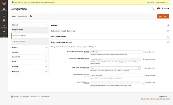 EU withdrawal email configuration in Magento 2